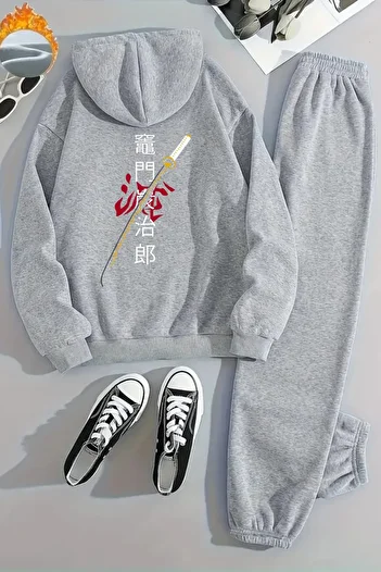 CLAYES Unisex Japanese Sword Printed Hooded Gray Tracksuit Set - Winter Embossed Fabric