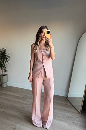 Sue Store Powder Pink Buttoned Premium Linen Trousers Set