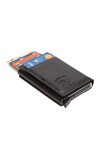 Newish Men's Black Vegan Leather Rfid Protected Mechanism Automatic Slide Card Holder and Wallet