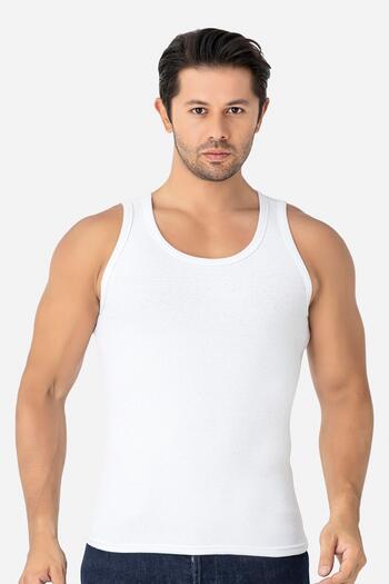 Arma Yıldız Men's White Ribbed Undershirt Cotton Lycra Camisole Halter Neck Slim Fit Undershirt