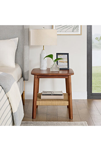Generic Side Table 45x45x55cm - Classic-looking with Woven Shelf - Solid Acacia Wood Elegant Coffee Table