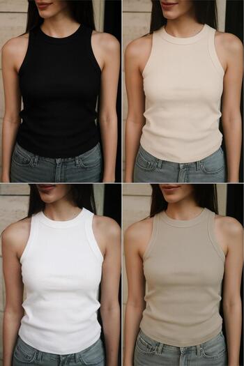 Patreon Women's Halter 4-Piece Cotton Beige, Cream, Black, White Ribbed Undershirt