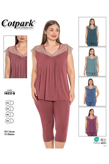 Cotpark Women's Plus Size Viscose Elastane Fabric Short Sleeve Capri Suit 14531-B