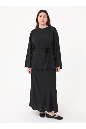 ALİA Tie Detail Skirt&Blouse Plus Size Double Set - Black -