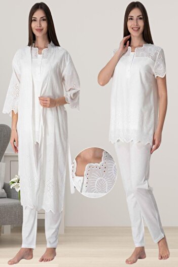 LOHOUSE Women's Ecru Fisto Linen Nursing Maternity 3-Piece Pajama Set
