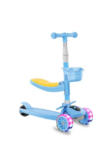 Mixbo Trotinetă pliabilă 4 în 1, cu scaun, coș și lumini, reglabilă, vârstă 3+, albastră