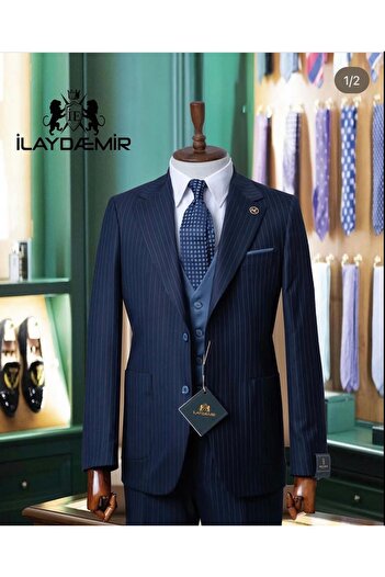 ilayda emir Navy Blue Striped, Blue Vest, Men's Suit