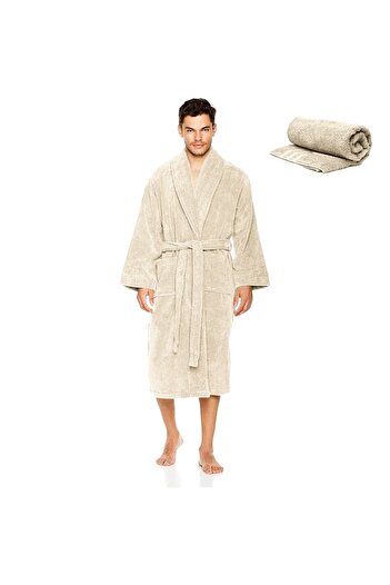 Quasar & Co. Set bathrobe and towel, Quasar & Co., 100% cotton, thick bathrobe 1.1 kg, face towel 50 x 90 cm, cre