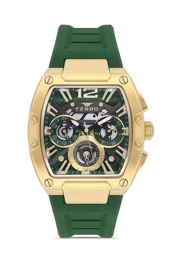 FERRO Green Silicone Cord Men's Wristwatch Fm11527Dwt-Zr6 Functions Active 3Atm Waterproof