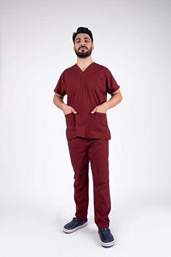 ACAR İŞ TEX Burgundy Lycra Men's Nurse and Doctor Uniform Set Scrubs Hospital Uniform