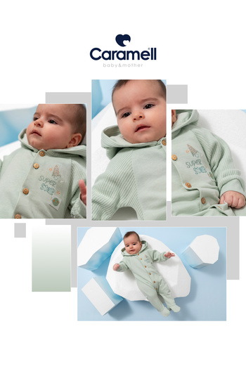 Caramell Baby Boy 100% Cotton Hooded Jumpsuit - Super Star Pattern (3-12 Months)