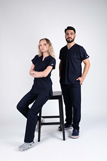 ACAR İŞ TEX Navy Blue Lycra Men's Nurse and Doctor Uniform Set Scrubs Hospital Uniform