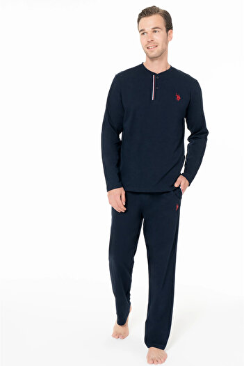U.S. Polo Assn. Чоловічий піжамний комплект, з кишенями, 100% бавовна, з довгими рукавами, з коміром на ґудзиках, темно-синій