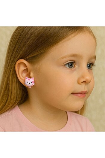 BY YASİN TOPÇU Vip Pink Cute Cat Design Children's Earring