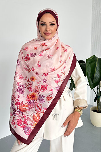 Stella Eşarp Flowers Floral Patterned Burgundy Color Soft Cotton Shawl