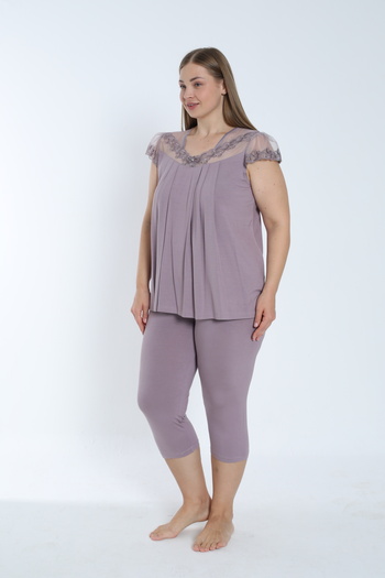 Cotpark Women's Plus Size Viscose Elastane Fabric Short Sleeve Capri Suit 14545-B