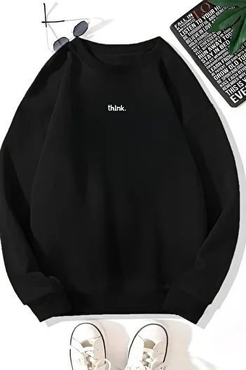 Sweetline Unisex Black Minimal Think Printed Crew Neck Sweatshirt - Winter Embossed Fabric