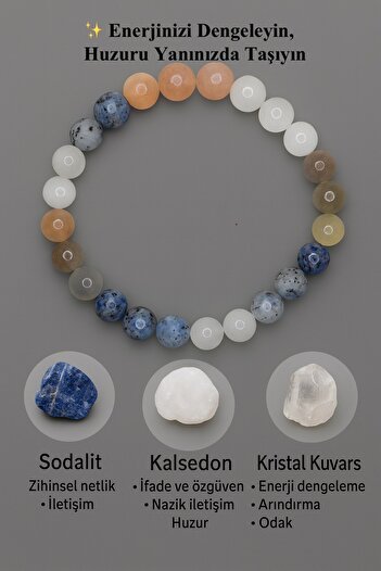 nss sky rock Natural Stone Bracelet – Sodalite, Chalcedony, Crystal Quartz – Energy and Balance 8 mm 19 cm