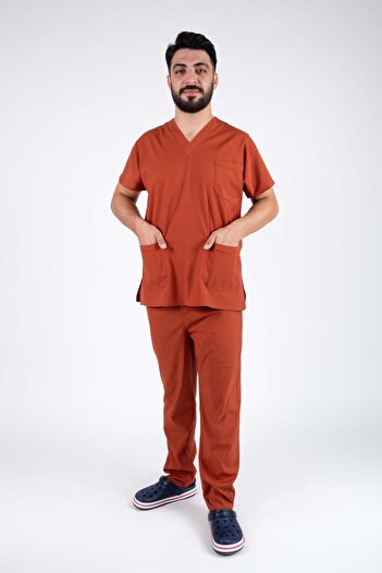 ACAR İŞ TEX Cremit Lycra Men's Nurse and Doctor Uniform Set Scrubs Hospital Uniform