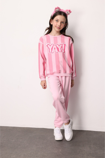 Le Mabelle Pink Bow Printed Striped Girl's Tracksuit Set - Phoebe