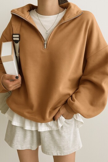 GHASSY CO. Ghassy Co. Women's Cotton Oversize Silver Half Zip Sweatshirt