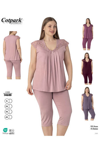 Cotpark Women's Plus Size Viscose Elastane Fabric Short Sleeve Capri Suit 14680