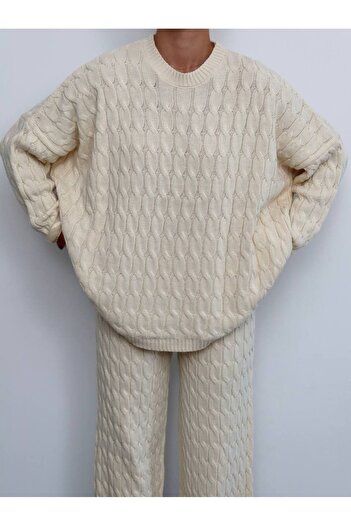 D'RECCY Women's Oversize Hair Knitting Knitwear Double Set Bottom Top Sweater Pants Set