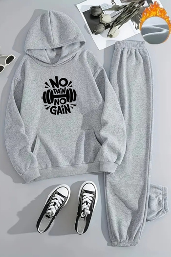 CLAYES Unisex No Pai̇n No Gai̇n Printed Hooded Gray Tracksuit Set - Winter Embossed Fabric