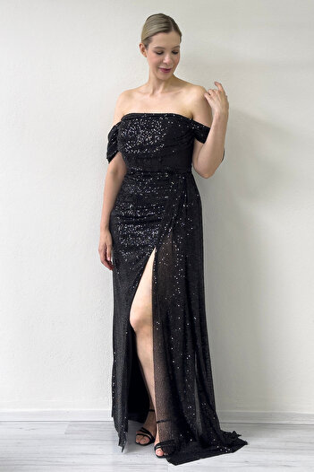 zks grup tekstil Women's Off Shoulder Sequin Sequin Slit Evening Dress Water Green, Powder, Black, Red, Navy Blue, Beige