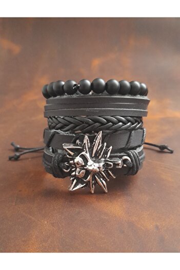 BSN Store 5-Piece Men's Bracelet Wolf Figure Genuine Leather Bracelet Onyx Bead Bracelet