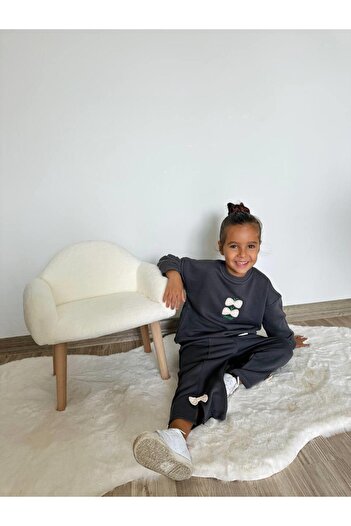 Magu Girl's Cotton Smoked Pink Bow Detailed Tracksuit Set