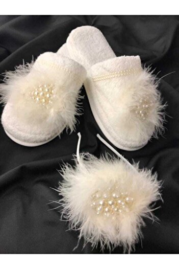 Fiyonks Atölye Special Design Feathered Pearl Maternity Slippers and Floral Crown, Women's Maternity Set