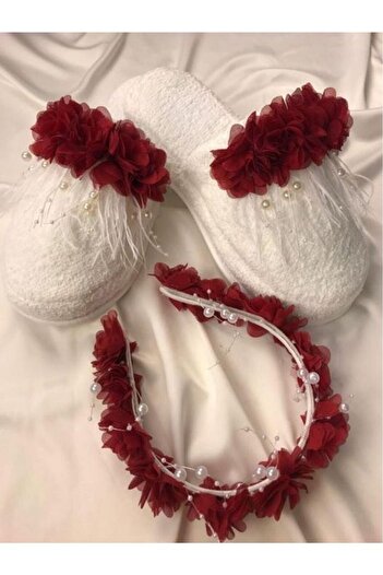 Fiyonks Atölye Mother Set, Feathered Pearl Maternity Slippers and Floral Crown, Women's Maternity Set