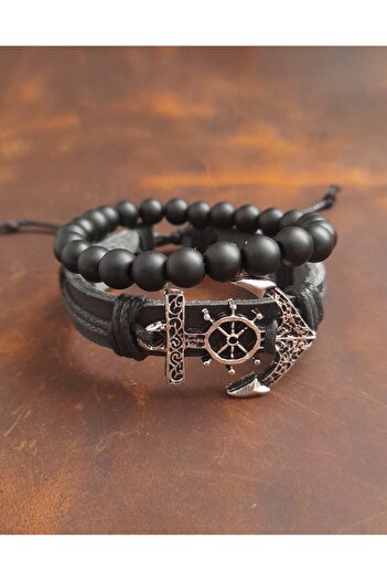 BSN Store 2-Piece Bracelet with Marine Anchor Figure Genuine Leather Bracelet and Onyx Stone Bracelet