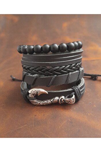 BSN Store 5-Piece Men's Bracelet Marine Hook Figure Genuine Leather Bracelet Onyx Bead Bracelet