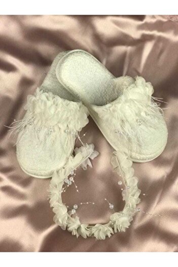 Fiyonks Atölye Mother Set, Feathered Pearl Maternity Slippers and Floral Crown, Women's Maternity Set