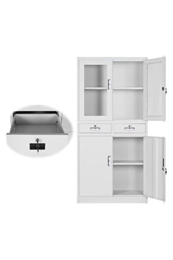 AWF AL WADI FURNITURE Ofsi Two Doors Upper Glass with Drawers Two Doors Lower Lockable Steel Cabinet Interior Steel Racks