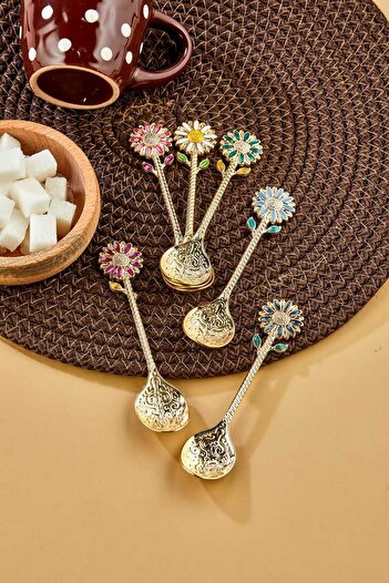 EMBazaar Set of 6 Spice, Teaspoon Set Spice Spoons with Flower Pattern. Gold and Silver Colored Spoon Set