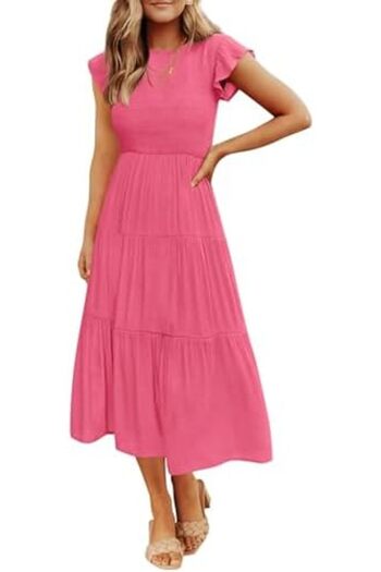 ZESICA Women's 2025 Summer Casual Flutter Short Sleeve Smocked Elastic Waist Tiered Midi Dress XXL