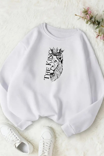 Sweetline Unisex White the King Printed Crew Neck Sweatshirt - Winter Embossed Fabric