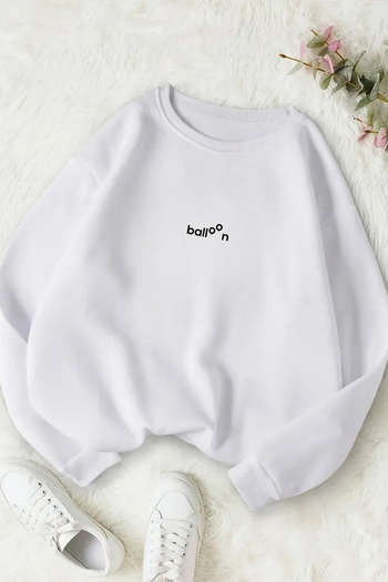 Sweetline Unisex White Minimal Baloon Printed Crew Neck Sweatshirt - Winter Embossed Fabric