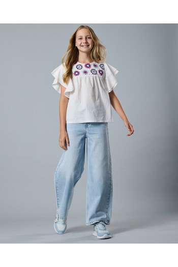 R&B Embroidered Top with Crew Neck and Flutter Sleeves