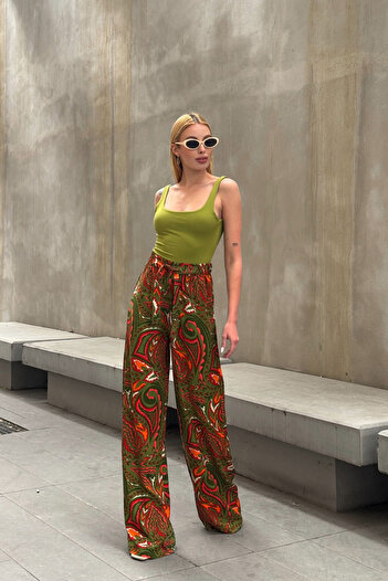 bacc Women's olive green tie-waist loose fit palazzo summer pants bcpk-2510000 bcpk-2510000