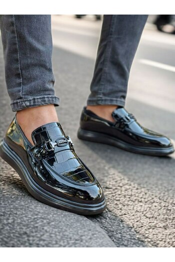 RONX Roxal Men's Patent Leather Crocodile Patterned Loafer Shoes