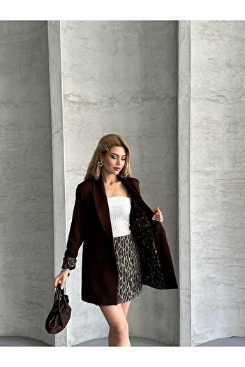 vesantia Women's Bitter Brown Bell Fabric Leopard Pattern Blazer Jacket with Lining Detail