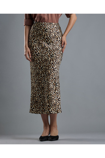 R&B Animal Patterned Midi Skirt with Zipper Closure