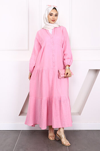 İmajButik Pink Half Button Layered Muslin Dress