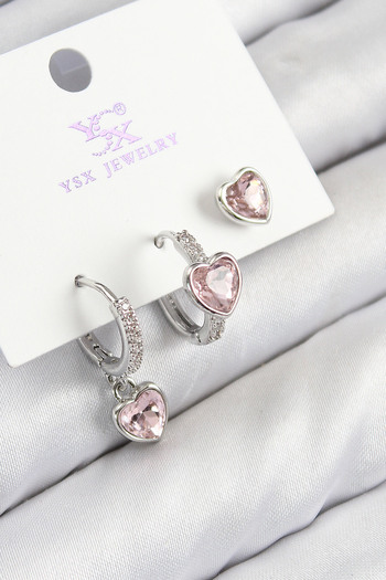 STİLLOVE Brass Zircon Stone 3-Piece Pink Heart Model Silver Color Women's Earrings