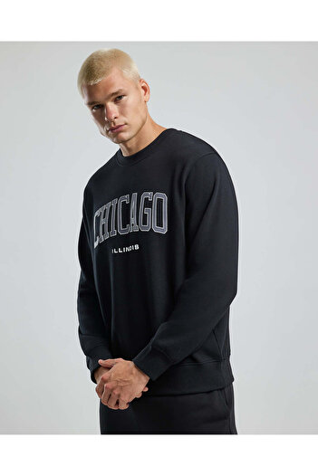 R&B Typography Print Sweatshirt with Crew Neck and Long Sleeves