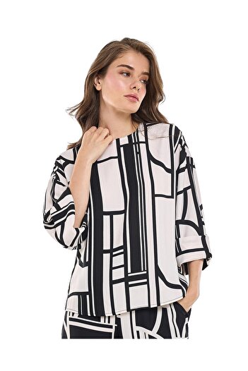 R&B Patterned Top with Crew Neck and Long Sleeves